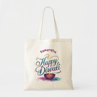 Happy Diwali customisable watercolour diya design Tote Bag