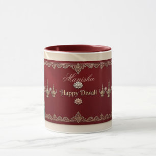 Happy Diwali Deepak Motifs Indian Heritage Maroon Mug