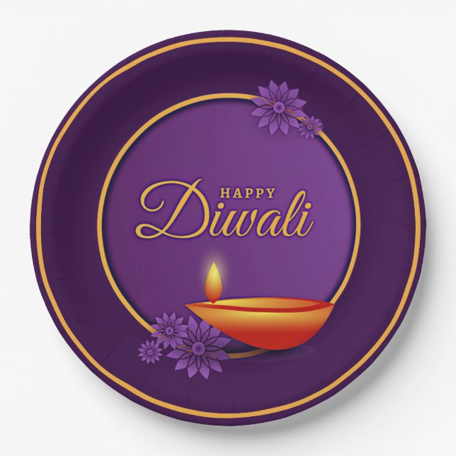Happy Diwali Diya Candle Purple Gold 9" Paper Plates (Front)