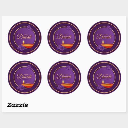 Happy Diwali Diya Candle Purple Gold  Paper  Classic Round Sticker