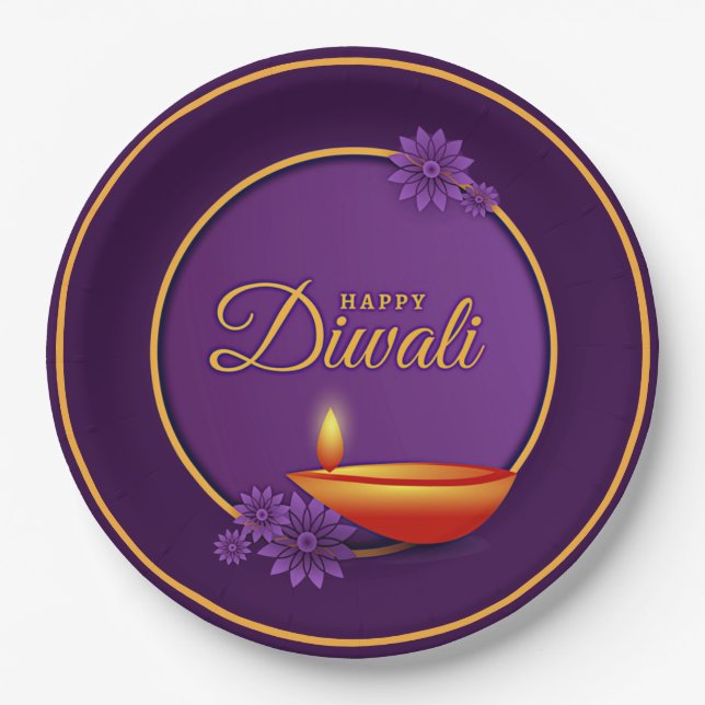 Happy Diwali Diya Candle Purple Gold Paper Plates (Front)