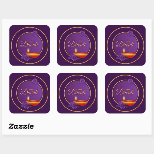 Happy Diwali Diya Candle Purple Gold  Paper  Square Sticker