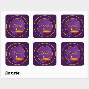 Happy Diwali Diya Candle Purple Gold  Paper  Square Sticker
