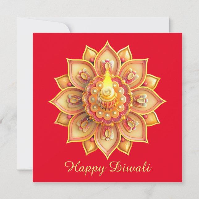 Happy Diwali Diya Festival of Light Gold Red Holiday Card (Front)