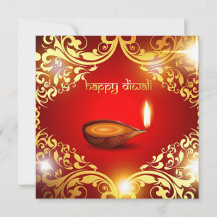 Happy Diwali Diya Festival of Light Gold Red Holiday Card