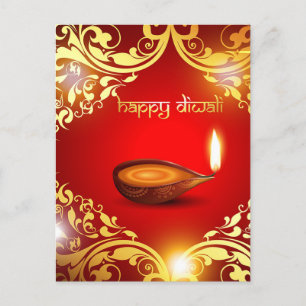Happy Diwali Diya Festival of Light Gold Red Holiday Postcard