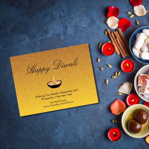 Happy Diwali Diya Lamp Glitter Gold Invitation Postcard