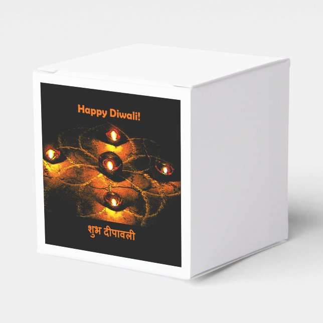 Happy Diwali Diya Lights and Hindi Greeting Favor Boxes (Front Side)
