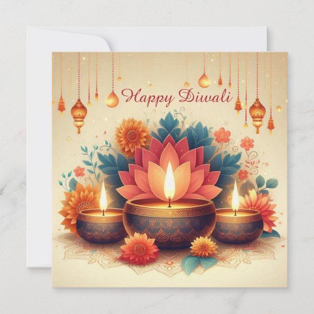 Happy Diwali Diya Lotus Festival of Light Floral Holiday Card (Front)