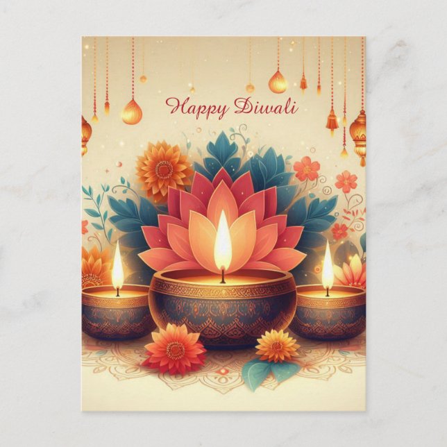 Happy Diwali Diya Lotus Festival of Light Floral Holiday Postcard (Front)