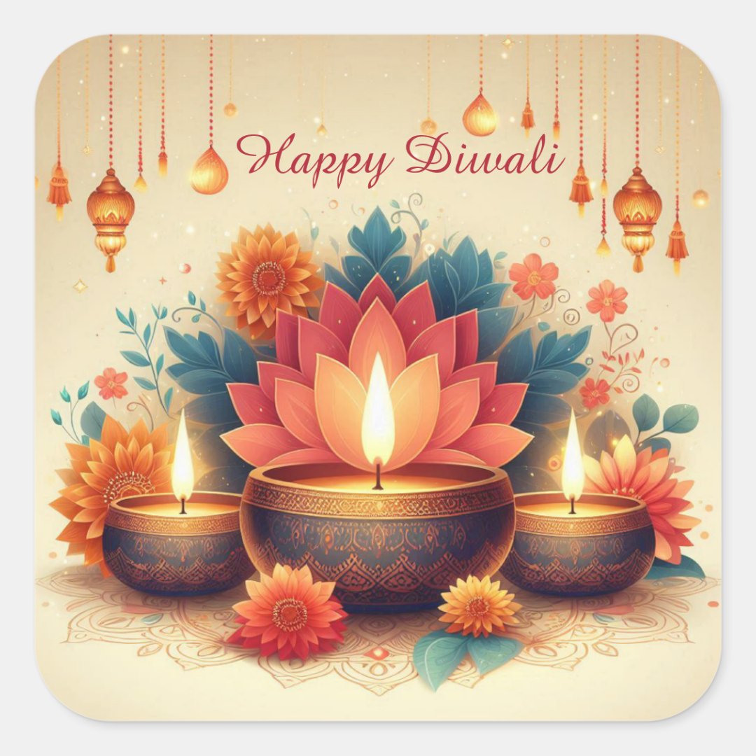 Happy Diwali Diya Lotus Festival of Light Floral Square Sticker