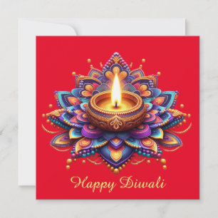 Happy Diwali Diya Rangoli Festival of Light Red Holiday Card