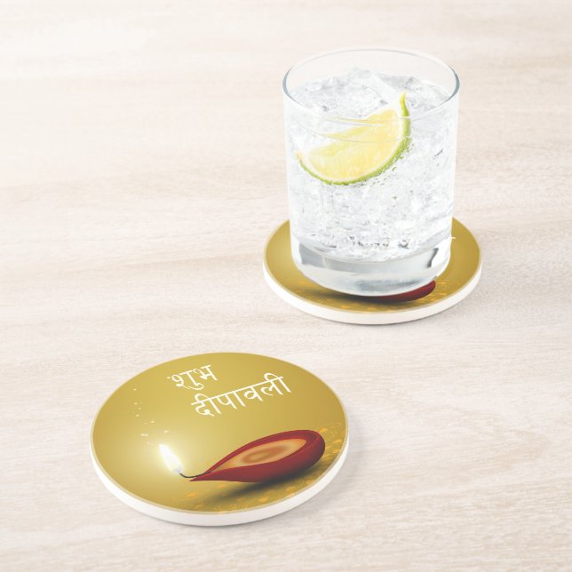 Happy Diwali Diya - Sandstone Coaster (Side)