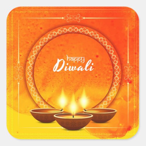 Happy Diwali Diya Yellow Orange Greeting Square Sticker