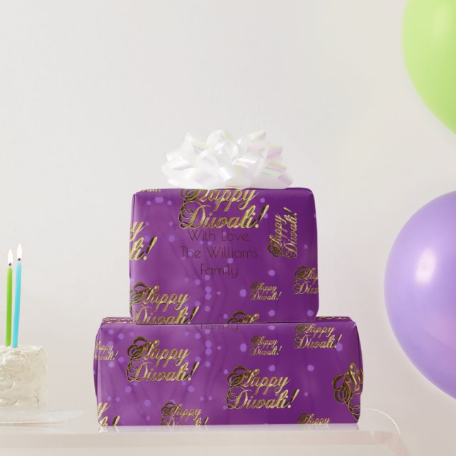 Happy Diwali Elegant Faux Gold Foil Script Purple Wrapping Paper (Party Gifts)