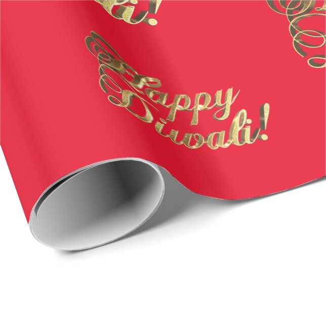 Happy Diwali Elegant Faux Gold Typography Red Wrapping Paper (Roll Corner)