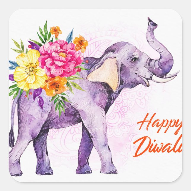 Happy Diwali (Elephant with Colorful Flowers) Square Sticker (Front)