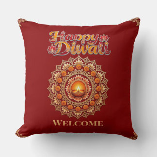 Happy Diwali Festival of Lights Deepak Lotus Red Throw Pillow