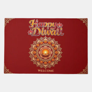 Happy Diwali Festival of Lights Diya Lotus Welcome Doormat