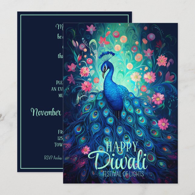 Happy Diwali Festival of Lights Peacock Invitation (Front/Back)