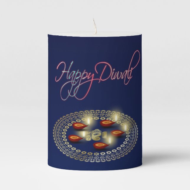 Happy Diwali Ganesha Rangoli - Pillar Candle (Front)