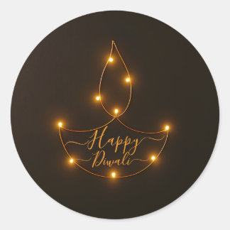 Happy Diwali Glowing Diya Light Art Classic Round Sticker