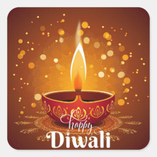 Happy Diwali Glowing Red Diya Festival of Light Square Sticker