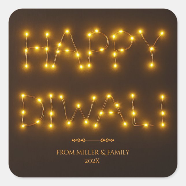 Happy Diwali Glowing Warm String Lights Square Sticker (Front)