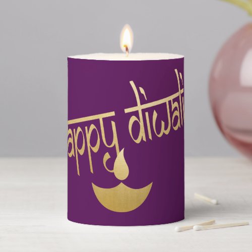 Happy Diwali Gold And Purple Pillar Candle