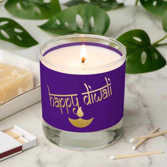 Happy Diwali Gold And Purple Scented Candle (Lit)