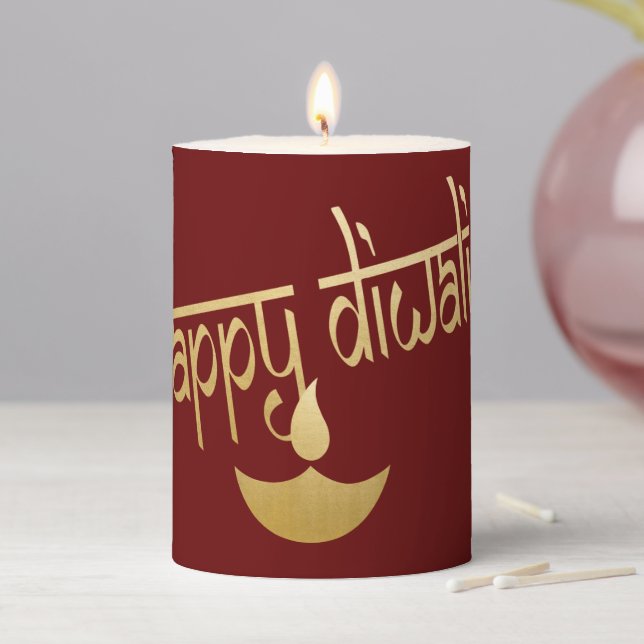 Happy Diwali Gold And Red Pillar Candle (In Situ)