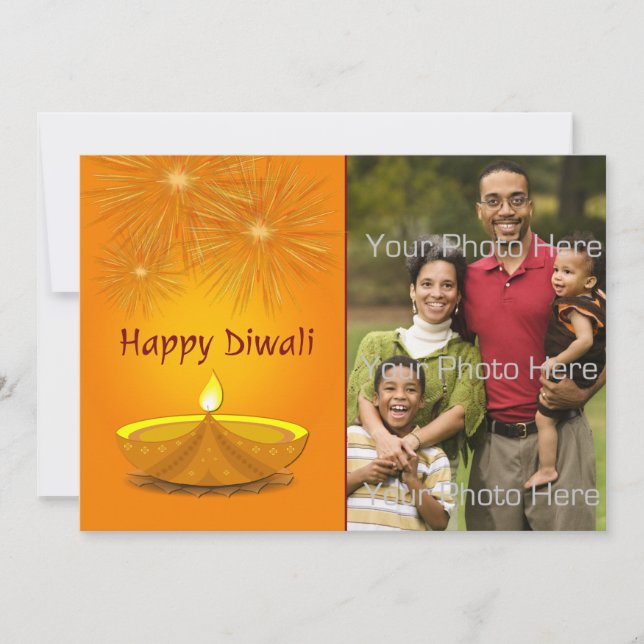 Happy Diwali, Gold Candle, Fireworks, Photo Card (Front)