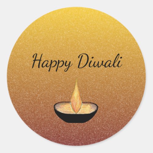 Happy Diwali Gold Glitter Diya Flame Lamp Elegant Classic Round Sticker