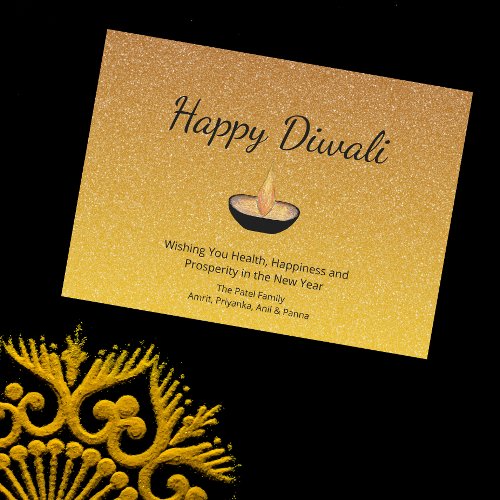 Happy Diwali Gold Glitter Diya Flame Lamp Holiday Card