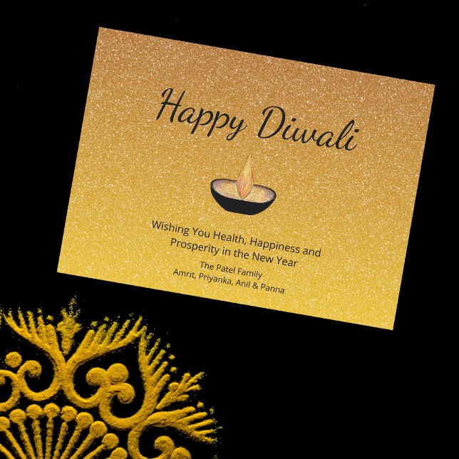 Happy Diwali Gold Glitter Diya Flame Lamp Holiday Card (Creator Uploaded)