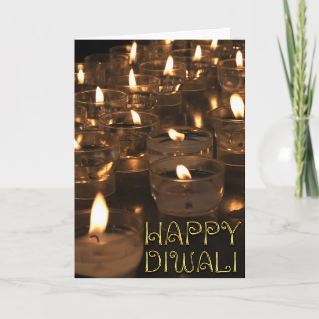 Happy Diwali Golden Typography Candles Lights Card (Front)