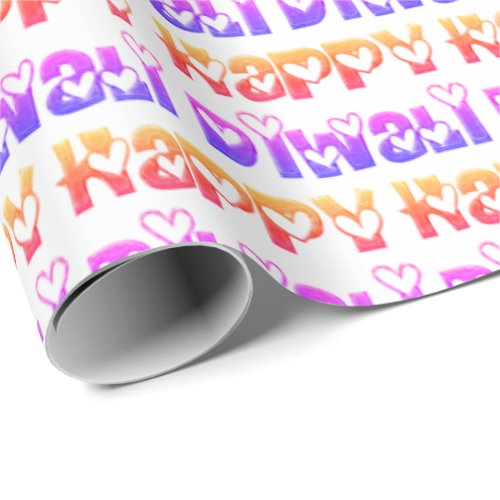 Happy Diwali Greeting Cute Hearts Orange Pink Wrapping Paper