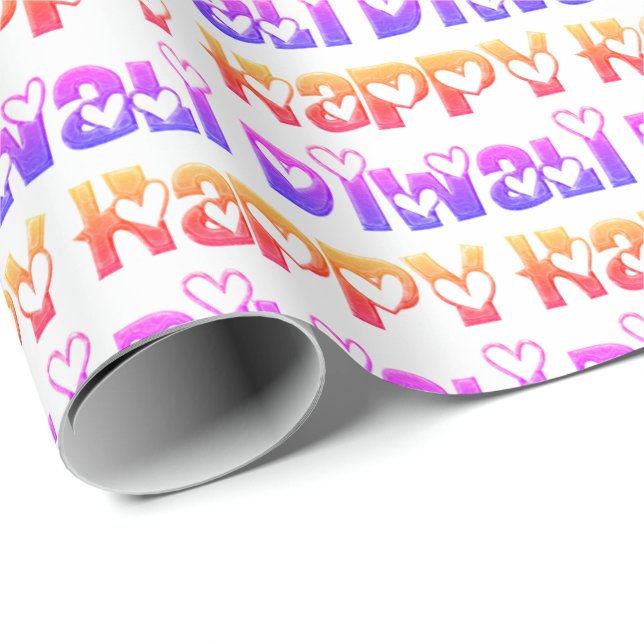 Happy Diwali Greeting Cute Hearts Orange Pink Wrapping Paper (Roll Corner)