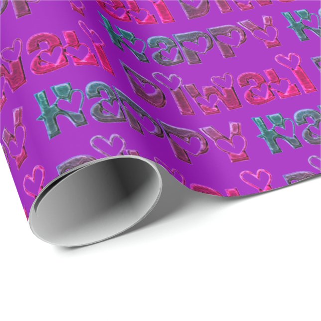 Happy Diwali Greeting Cute Hearts Pink Purple Text Wrapping Paper (Roll Corner)