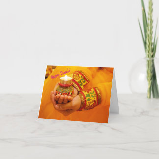 Happy Diwali Greeting Diya lamp lights hand yellow Holiday Card