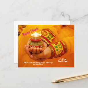 Happy Diwali Greeting Diya lamp lights hand yellow Holiday Postcard