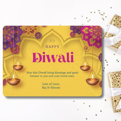 Happy Diwali Greeting Yellow Purple Floral Holiday Card