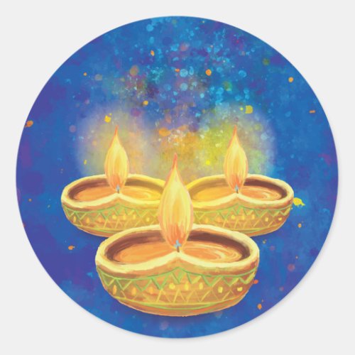 Happy Diwali hand painted illuminating candles Classic Round Sticker