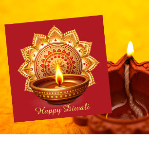 Happy Diwali Mandala Diya Festival of Light Red Holiday Card