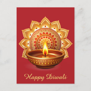 Happy Diwali Mandala Diya Festival of Light Red Holiday Postcard