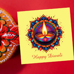 Happy Diwali Mandala Diya Festival of Light Yellow Holiday Card
