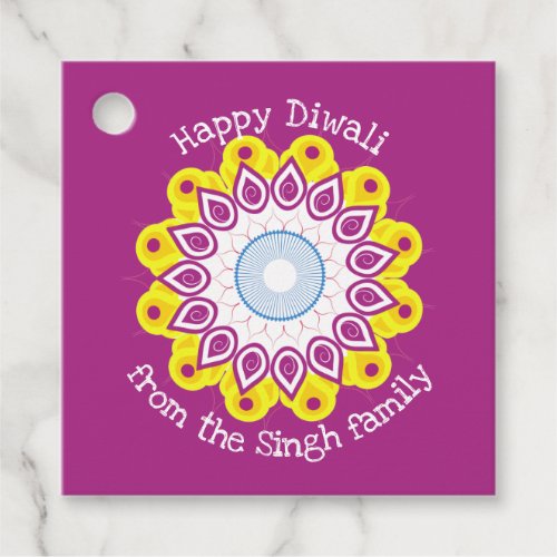 Happy Diwali Mandala Magenta Yellow Custom Family  Favor Tags