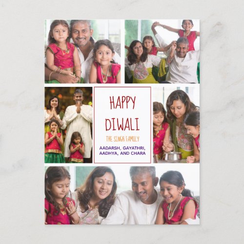 Happy Diwali Modern Photo Collage Red Holiday Postcard