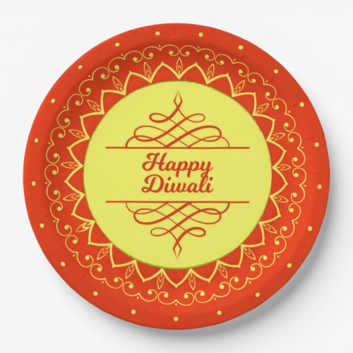 Happy Diwali Orange Cream Mandala Modern 9 Paper Plates