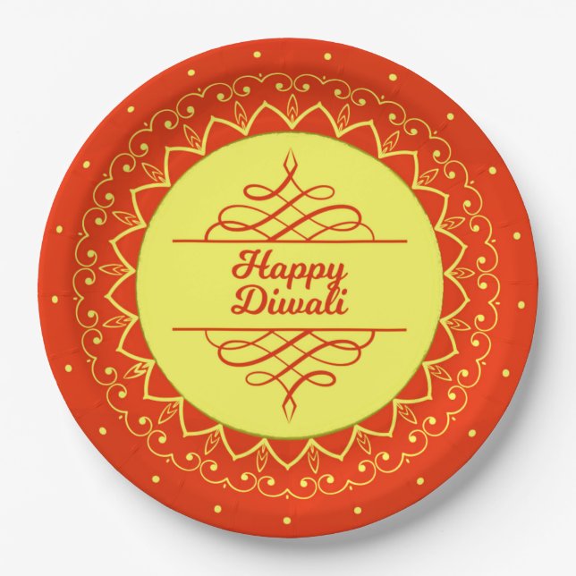 Happy Diwali Orange Cream Mandala Modern 9" Paper Plates (Front)